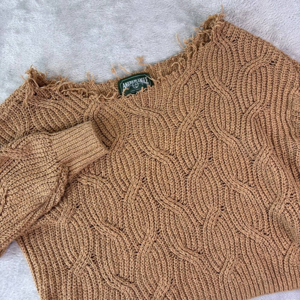 American Eagle Women's Distressed Sweater L Tan Knit Pullover Boho Cozy Frayed